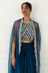 Buy_Nidhika Shekhar_Blue Silk Embroidery Crop Top Round Cape Open And Draped Skirt Set _Online_at_Aza_Fashions