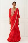 Nidhika Shekhar_Red Silk Embroidery V Neck Fish Cut Pre-draped Saree With Blouse _Online_at_Aza_Fashions