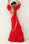 Buy_Nidhika Shekhar_Red Silk Embroidery V Neck Fish Cut Pre-draped Saree With Blouse _at_Aza_Fashions