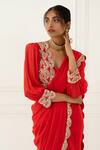 Buy_Nidhika Shekhar_Red Silk Embroidery V Neck Fish Cut Pre-draped Saree With Blouse _Online_at_Aza_Fashions