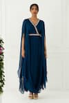 Nidhika Shekhar_Blue Georgette Embroidery V Neck Draped Gown _Online_at_Aza_Fashions