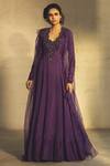 Buy_Parul and Preyanka_Purple Viscose Silk Round Embroidered Anarkali With Cape  _at_Aza_Fashions