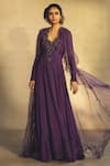 Parul and Preyanka_Purple Viscose Silk Round Embroidered Anarkali With Cape  _Online_at_Aza_Fashions