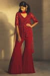 Buy_Parul And Preyanka_Red Tulle, Georgette, Silk Organza V Neck Embroidered Kurta Sharara Set _at_Aza_Fashions
