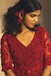 Parul And Preyanka_Red Tulle, Georgette, Silk Organza V Neck Embroidered Kurta Sharara Set _at_Aza_Fashions