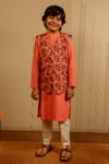 Buy_Tiny Colour_Peach Cotton, Silk Block Print Bundi Kurta Set _at_Aza_Fashions