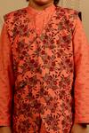Tiny Colour_Peach Cotton, Silk Block Print Bundi Kurta Set _at_Aza_Fashions