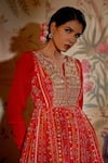 Shop_Aayushi Maniar_Red Anarkali Crepe Silk, Dupatta Net Patola Print, Bead And Metallic Work With_Online_at_Aza_Fashions