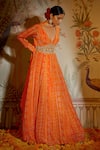 Shop_Aayushi Maniar_Orange Anarkali Crepe Silk Printed And Hand Embroidered Patola With Dupatta _at_Aza_Fashions