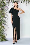 Shivani Awasty_Black Poly Blend Crepe Embroidered Beads Bandeau One-shoulder Gown  _Online_at_Aza_Fashions