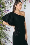 Buy_Shivani Awasty_Black Poly Blend Crepe Embroidered Beads Bandeau One-shoulder Gown  _Online_at_Aza_Fashions