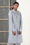 Buy_Urvashi Kaur_Blue Handwoven Cotton Silk Mandarin Collar Striped Tunic _at_Aza_Fashions