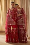 Buy_Vvani By Vani Vats_Wine Dupatta Net, Kurta Georgette Mirror Work Embellished Sharara Set _at_Aza_Fashions