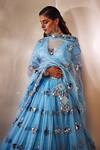 Buy_Vvani by Vani Vats_Blue Georgette, Silk Organza, Dupion V Neck Bridal Lehenga Set _Online_at_Aza_Fashions