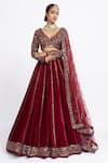 Vvani by Vani Vats_Maroon Velvet Dupatta Net Embroidery V Neck Bridal Lehenga Set _Online_at_Aza_Fashions