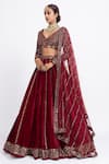 Buy_Vvani by Vani Vats_Maroon Velvet Dupatta Net Embroidery V Neck Bridal Lehenga Set _Online_at_Aza_Fashions