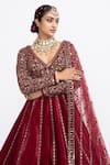 Shop_Vvani by Vani Vats_Maroon Velvet Dupatta Net Embroidery V Neck Bridal Lehenga Set _Online_at_Aza_Fashions