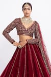 Vvani by Vani Vats_Maroon Velvet Dupatta Net Embroidery V Neck Bridal Lehenga Set _at_Aza_Fashions