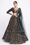 Vvani by Vani Vats_Green Velvet Dupatta Net Embroidery V Neck Bridal Lehenga Set _Online_at_Aza_Fashions