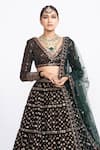 Shop_Vvani by Vani Vats_Green Velvet Dupatta Net Embroidery V Neck Bridal Lehenga Set _Online_at_Aza_Fashions