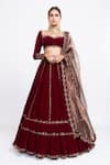 Buy_Vvani by Vani Vats_Maroon Velvet Dupatta Tissue Embroidery Sweetheart Neck Bridal Lehenga Set _at_Aza_Fashions