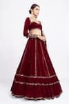 Vvani by Vani Vats_Maroon Velvet Dupatta Tissue Embroidery Sweetheart Neck Bridal Lehenga Set _Online_at_Aza_Fashions