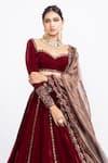 Shop_Vvani by Vani Vats_Maroon Velvet Dupatta Tissue Embroidery Sweetheart Neck Bridal Lehenga Set _Online_at_Aza_Fashions