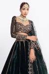 Shop_Vvani by Vani Vats_Green Velvet Dupatta Net Embroidery Sweetheart Neck Bridal Lehenga Set _Online_at_Aza_Fashions