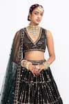 Shop_Vvani by Vani Vats_Green Velvet Dupatta Net Embroidery V Neck Bridal Lehenga Set_Online_at_Aza_Fashions