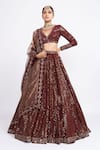 Buy_Vvani by Vani Vats_Brown Velvet Dupatta Tissue Embroidery V Neck Bridal Lehenga Set _at_Aza_Fashions