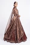 Vvani by Vani Vats_Brown Velvet Dupatta Tissue Embroidery V Neck Bridal Lehenga Set _Online_at_Aza_Fashions