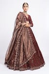 Buy_Vvani by Vani Vats_Brown Velvet Dupatta Tissue Embroidery V Neck Bridal Lehenga Set _Online_at_Aza_Fashions