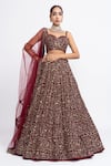 Vvani by Vani Vats_Maroon Velvet Dupatta Net Embroidery Sweetheart Neck Bridal Lehenga Set _Online_at_Aza_Fashions