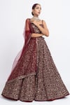 Shop_Vvani by Vani Vats_Maroon Velvet Dupatta Net Embroidery Sweetheart Neck Bridal Lehenga Set _at_Aza_Fashions