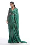 Buy_Vvani by Vani Vats_Green Saree Satin Chiffon Blouse Net V Neck With  _at_Aza_Fashions