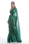 Vvani by Vani Vats_Green Saree Satin Chiffon Blouse Net V Neck With  _Online_at_Aza_Fashions