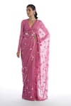 Buy_Vvani by Vani Vats_Pink Georgette V Neck Mirror Embellished Saree With Blouse  _at_Aza_Fashions