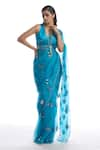 Vvani by Vani Vats_Blue Saree Silk Organza Blouse Modal Satin V Neck With  _Online_at_Aza_Fashions