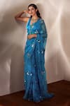 Buy_Vvani by Vani Vats_Blue Saree Silk Organza Blouse Modal Satin V Neck With  _at_Aza_Fashions