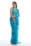 Shop_Vvani by Vani Vats_Blue Saree Silk Organza Blouse Modal Satin V Neck With  _Online_at_Aza_Fashions