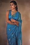 Vvani by Vani Vats_Blue Saree Silk Organza Blouse Modal Satin V Neck With  _at_Aza_Fashions