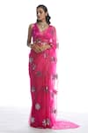 Vvani by Vani Vats_Pink Saree Silk Organza Blouse Modal Satin V Neck With  _Online_at_Aza_Fashions