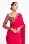 Vvani by Vani Vats_Red Blouse Velvet Saree Satin Embroidery Sweetheart Neck And_at_Aza_Fashions