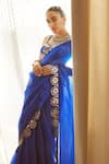 Shop_Vvani by Vani Vats_Blue Saree Satin Organza Embroidered Mirror Work Scalloped With Blouse _Online_at_Aza_Fashions