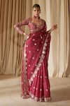 Buy_Vvani by Vani Vats_Wine Saree Satin Organza Embroidered Mirror Work Sweetheart Neck With Blouse _at_Aza_Fashions