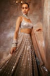 Vvani By Vani Vats Beige Georgette, Satin, Organza Linear Pattern Embellished Bridal Lehenga Set Online Vvani By Vani Vats_Beige Georgette, Satin, Organza Linear Pattern Embellished Bridal Lehenga Set _Online