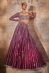 Buy_Vvani By Vani Vats_Wine Georgette, Satin, Organza Mirrors Linear Drop Embellished Lehenga Set _at_Aza_Fashions