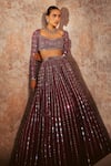 Shop_Vvani By Vani Vats_Wine Georgette, Satin, Organza Mirrors Linear Drop Embellished Lehenga Set _Online_at_Aza_Fashions