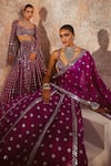 Vvani By Vani Vats_Wine Georgette, Satin, Organza Mirrors Linear Drop Embellished Lehenga Set _Online