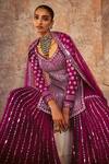 Shop_Vvani By Vani Vats_Wine Georgette, Net Embroidery, Mirrors Scoop Neck Straight Kurta Sharara Set _Online_at_Aza_Fashions